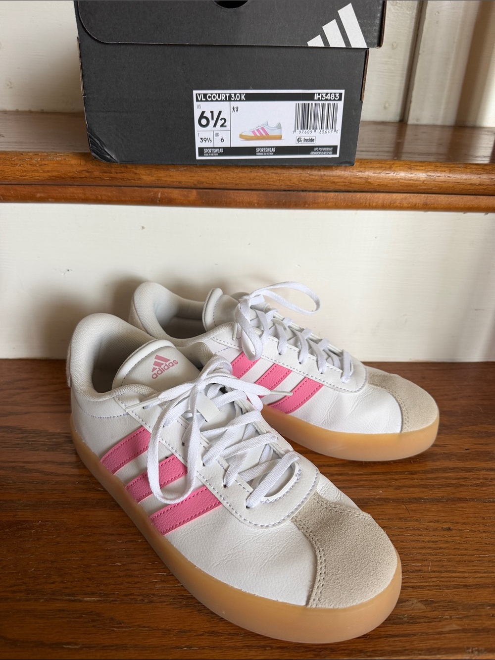 adidas Kids VL Court 3.0 White Sneakers with Pink Stripes and Gum Sole